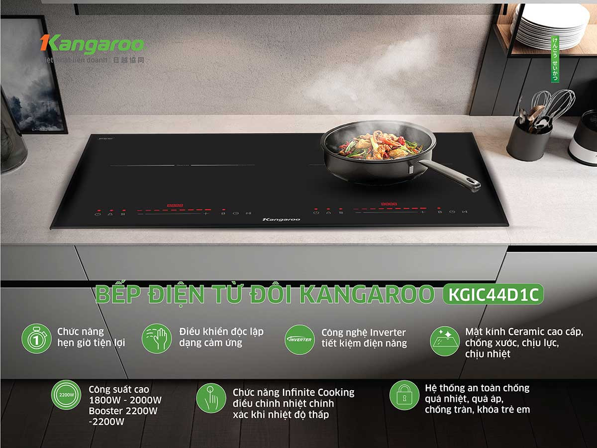 Thiết kế sang trọng – Linh hoạt lắp âm hoặc dương Bếp từ đôi lắp âm Kangaroo KGIC44D1C